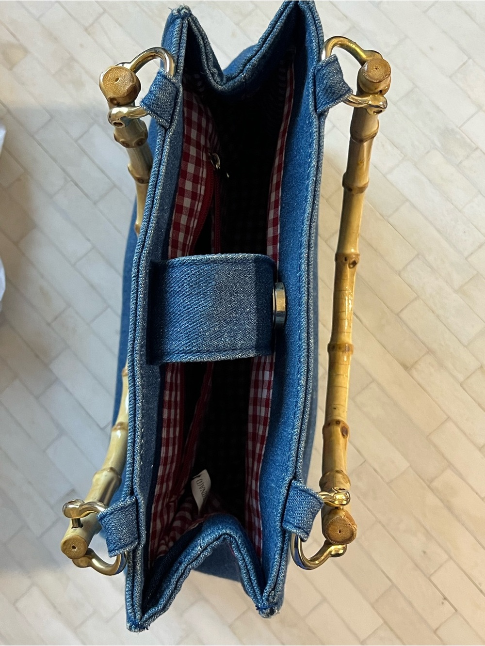 Denim Embroidered Glasses Satchel with Bamboo Handle Colorful - Picture 6 of 13